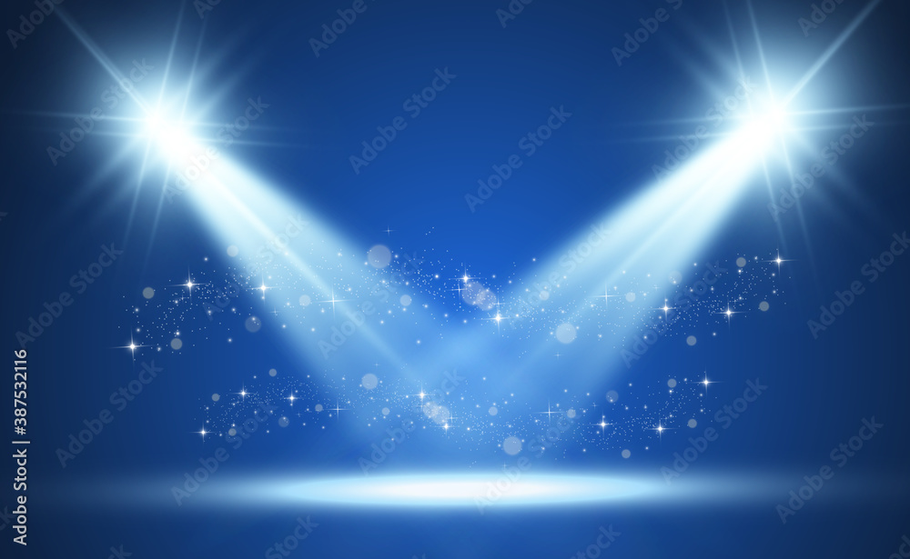 White stage with spotlights. Vector illustration of a light with sparkles on a transparent background. - obrazy, fototapety, plakaty 