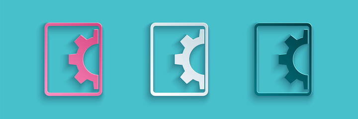 Paper cut Software, web development, programming concept icon isolated on blue background. Programming language and program code on screen tablet. Paper art style. Vector.