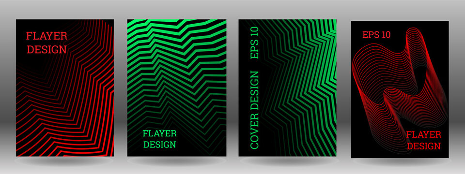 Set of abstract covers. Wavy parallel gradient lines. Cover design, background, trendy banner, poster.