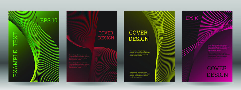 Set of abstract covers. Wavy parallel gradient lines. Cover design, background, trendy banner, poster.