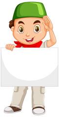 Wall Mural - Cute young boy cartoon character holding blank banner