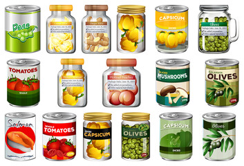 Wall Mural - Set of different canned food and food in jars isolated