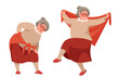 an elderly woman bent over, tied a scarf on the lower back, holds her sore back with her hand, a healthy grandmother is dancing