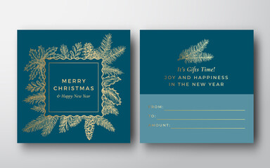 Canvas Print - Christmas Abstract Vector Greeting Gift Card Background. Back and Front Design Layout with Sketch Pine Twigs Frame Label and Modern Typography. Winter Holidays Design with Soft Shadows.