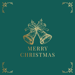 Canvas Print - Christmas Abstract Vector Classy Label, Sign or Card Template. Hand Drawn Golden Glitter Bells with Band Ribbon and Holly Leaves Sketch Illustration and Vintage Typography. Premium Green Background