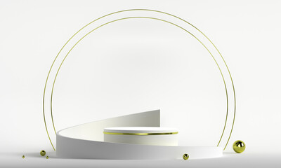 Fototapete - 3D rendering white podium geometry with gold elements. Empty showcase, marble pedestal platform display. Product presentation blank podium. Minimal scene round step floor abstract composition.