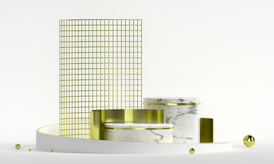 Fototapete - 3D rendering white podium geometry with gold elements. Empty showcase, marble pedestal platform display. Product presentation blank podium. Minimal scene round step floor abstract composition.