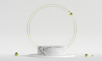Fototapete - 3D rendering white podium geometry with gold elements. Empty showcase, marble pedestal platform display. Product presentation blank podium. Minimal scene round step floor abstract composition.
