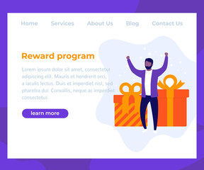 Wall Mural - reward program, website design, man with gifts, vector
