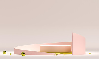 Fototapete - 3D rendering white podium geometry with gold elements. Empty showcase, marble pedestal platform display. Product presentation blank podium. Minimal scene round step floor abstract composition.
