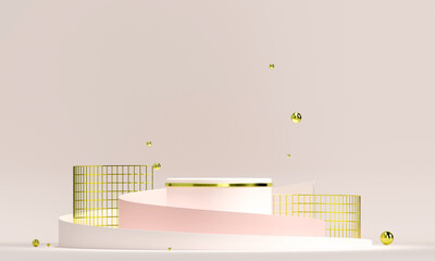 Fototapete - 3D rendering white podium geometry with gold elements. Empty showcase, marble pedestal platform display. Product presentation blank podium. Minimal scene round step floor abstract composition.
