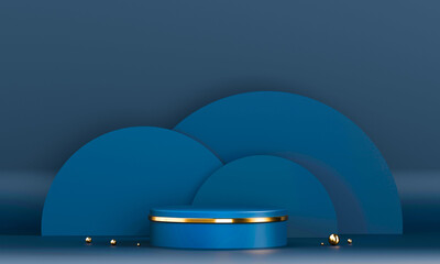 Fototapete - 3D rendering blue podium geometry with gold elements. Empty showcase, marble pedestal platform display. Product presentation blank podium. Minimal scene round step floor abstract composition.