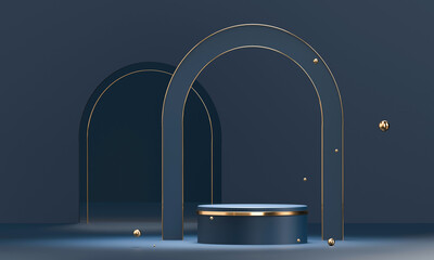 Fototapete - 3D rendering blue podium geometry with gold elements. Empty showcase, marble pedestal platform display. Product presentation blank podium. Minimal scene round step floor abstract composition.