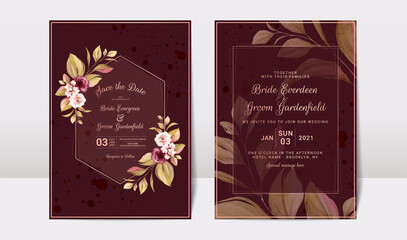 Wall Mural - Floral wedding invitation template set with burgundy and peach roses flowers and leaves decoration. Botanic card design concept maroon background