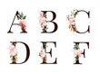 Watercolor floral alphabet set of A, B, C, D, E, F with red and brown flowers and leaves. Flowers composition for logo, cards, branding, etc.