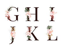 Watercolor Floral Alphabet Set Of G; H; I; J; K; L With Red And Brown Flowers And Leaves. Flowers Composition For Logo, Cards, Branding, Etc.