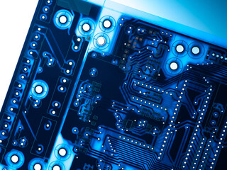 Aufkleber - PCB design. PCB with many holes. Circuit board close-up. Circuit board on a blue background. Silhouette of PCB as a symbol of electronics. Concept - field of microelectronics. Board inside e-device