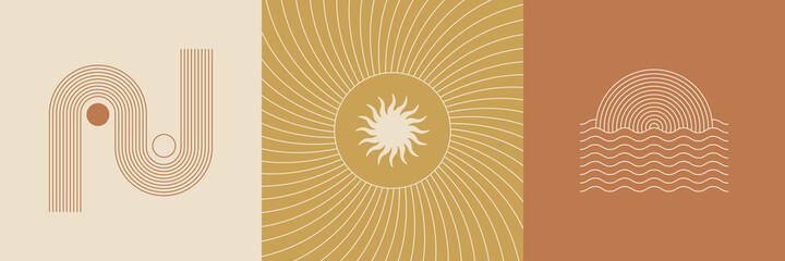 Fototapete - Vector set of linear boho icons and symbols - sun logo design templates  and pritns - abstract design elements for decoration in modern minimalist style