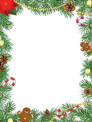 christmas frame with pine branches, poinsettia, christmas tree decor and christmas sweets