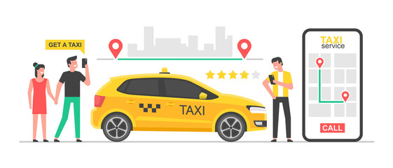 Online taxi concept. People call the car to travel around the city using a mobile app. Booking taxi online concept design. Taxi app