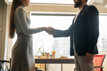 Poster - Side view of two young colleagues in casualwear handshaking against window