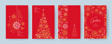 Merry Christmas And Happy New Year Set Of Greeting Cards, Posters, Holiday Covers. Xmas Design With Beautiful Snowflakes In Modern Line Art Style On Red Background. Christmas Tree, Border Frame, Decor