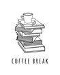Book stack with a coffee cup and a pen. Hand drawn black and white illustration coffee break or coffee time.