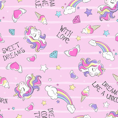 Art. Seamless unicorn pattern on a pink background. Fashion illustration print in modern style for clothes or fabrics.