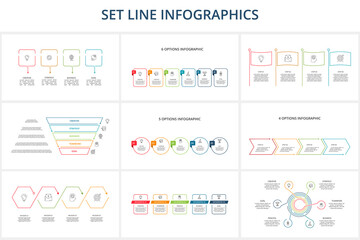  Set Line Infographics. Templates for growth chart, graph, presentation, chart. Business startup concept