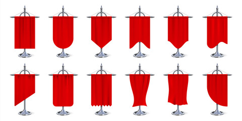 Wall Mural - red flag banner. realistic heraldic pennant, 3d blank canvas on chrome steel metal stand, logo place
