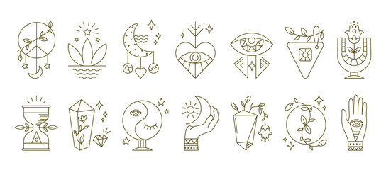 boho symbols. mystic astrology spiritual icons with moon alchemy hand and eye abstract ornamental el