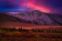 Beautiful View Of Scenic Landscape On A Fall Season In Canadian Nature. Colorful Twilight Sky Artistic Render. Taken In Tombstone Territorial Park, Yukon, Canada.