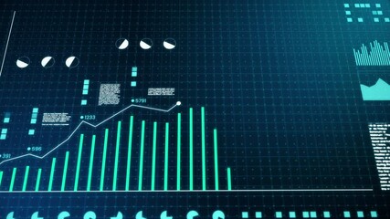Growing business bar chart with digital technology elements blue and white. hi-tech style tech hud element and grid. Camera movement with depth of field. 4K high quality animation.