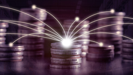 Wall Mural - Stock market or forex trading graph, rows of coins for finance and business concept, Forex trading candlestick chart economic, ECN Digital economy, business, money, passive income. 50mp.