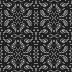 Black and White Paisley Bandana Ornament Print. Vintage Oriental Paisley Seamless Pattern with Poppy Flowers. Boho Style Vector Floral Background. Great for Silk Neck Scarf, Headscarf or Kerchief