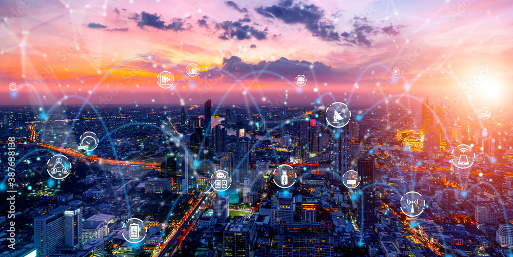 Advanced communication and global internet network connection in smart city . Concept of future 5G wireless digital connecting and social media networking . - obrazy, fototapety, plakaty 