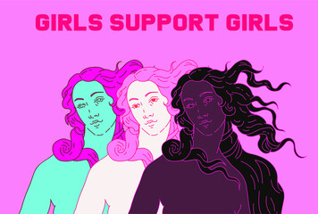 Modern vector line art Illustration or the Venus or Aphrodite Goddess  in doodle sketch style. Diverse women of different ethnicity and appearance. Poster about Feminism and Woman Power issues.