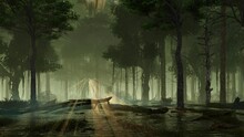 Scary Woodland Scenery On Forest Swamp With Mystical Fairy Firefly Lights Flying In A Last Sun Rays Shining Through Creepy Tree Silhouettes At Dark Foggy Night. Fantasy 3D Animation Rendered In 4K