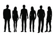 Vector silhouettes of men and a women, a group of standing business people, black and white color isolated on white background
