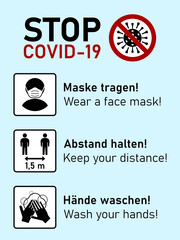 Poster - Stop Covid-19 Icons in German and English including Maske tragen (Wear a Face Mask), Abstand halten (Keep Your Distance) 1,5 m and Hande waschen (Wash your hands). Vector Image.