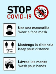 Poster - Stop Covid-19 Icons in Spanish and English including Use una mascarilla (Wear a Face Mask), Mantenga la distancia (Keep Your Distance) 1,5 m and Lavese las manos (Wash your hands). Vector Image.