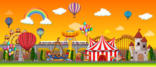 Amusement Park Scene At Daytime With Balloons And Rainbow In The Sky