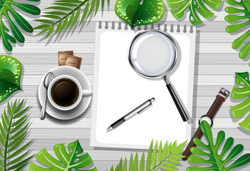 Sticker - Top view of wooden table with office objects and leaves element