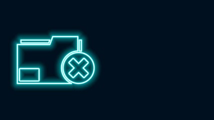 Sticker - Glowing neon line Delete folder icon isolated on black background. Delete or error folder. Close computer information folder. 4K Video motion graphic animation