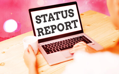 Poster - Word writing text Status Report. Business photo showcasing summarizes the particular situation as of a stated period Modern gadgets with white display screen under colorful bokeh background