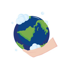 Wall Mural - hand holding a earth planet with soapy foam, flat style