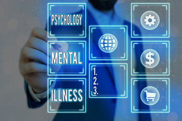 Writing note showing Psychology Mental Illness. Business concept for a behavioral pattern that causes significant distress Grids and different icons latest digital technology concept