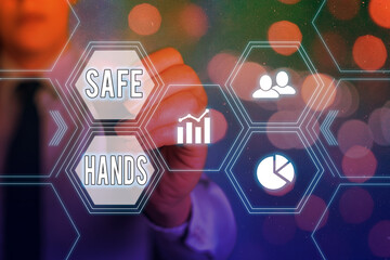 Conceptual hand writing showing Safe Hands. Concept meaning Ensuring the sterility and cleanliness of the hands for decontamination Grids and different icons latest digital technology concept