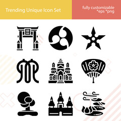 simple set of asian country related filled icons.