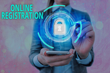 Fototapete - Text sign showing Online Registration. Business photo text System for subscribing or registering via the Internet Graphics padlock for web data information security application system